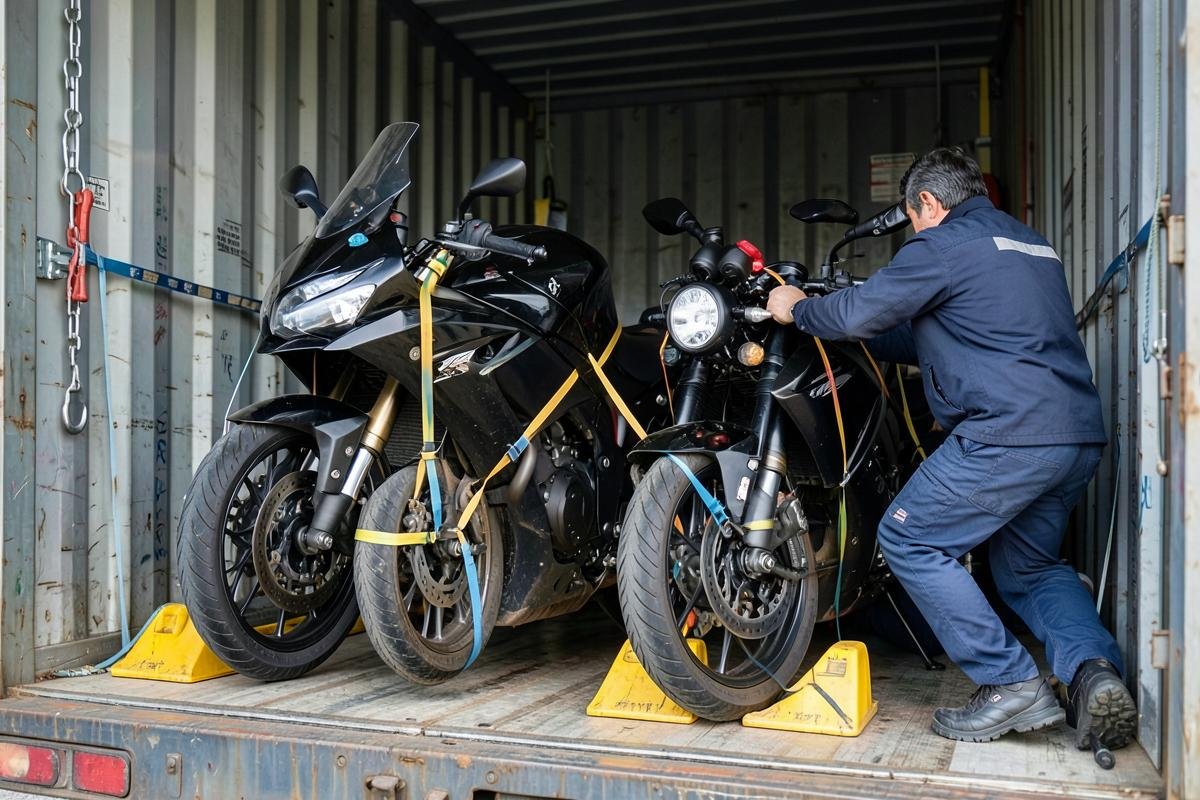 Motorcycles secured with straps and wheel chocks inside a transport container